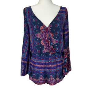 American Eagle Blue & Purple Bell Long Sleeve Mandala Floral Romper Womens Small